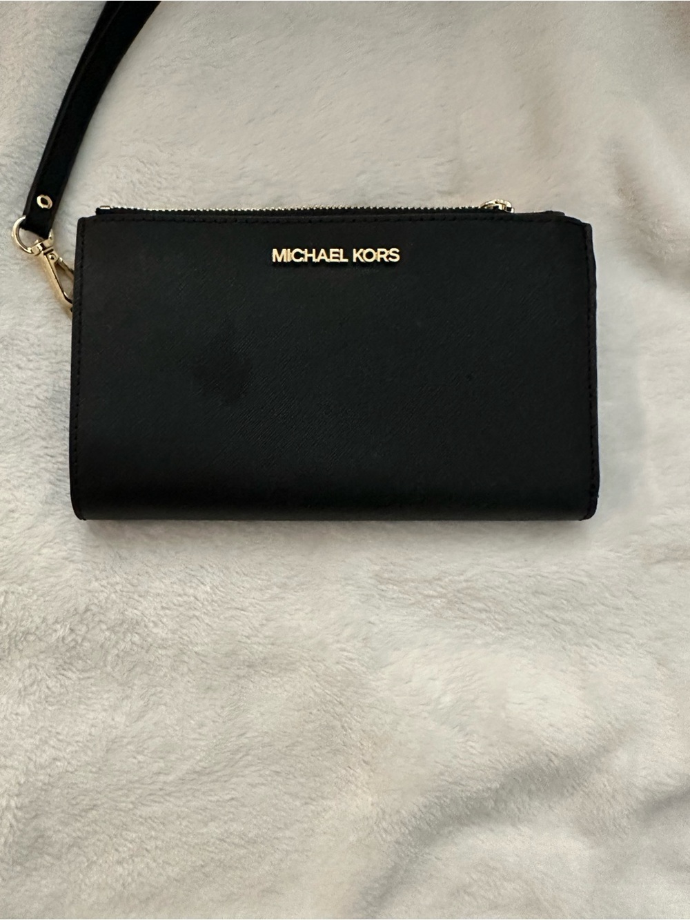Michael Kors Black Saffiano Wristlet Clutch with Gold Logo